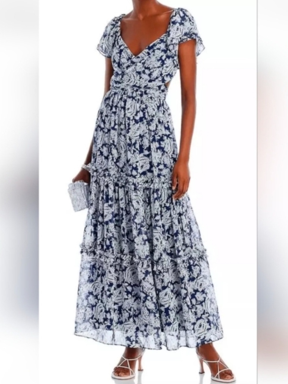 Aqua Floral Ruffle V-Neck Maxi Dress in Navy and Cream